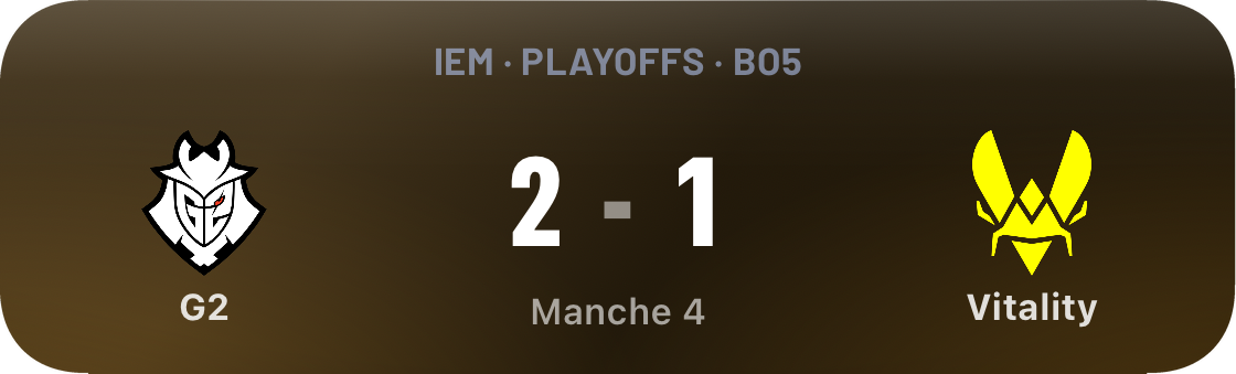 Live Activity esport de COVER avec le score G2 contre Vitality sur l’écran verrouillé